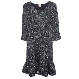 Persifor Dress Black White Polka Dot Adjustable Tie 3/4 Sleeve Ruffle Hem Large